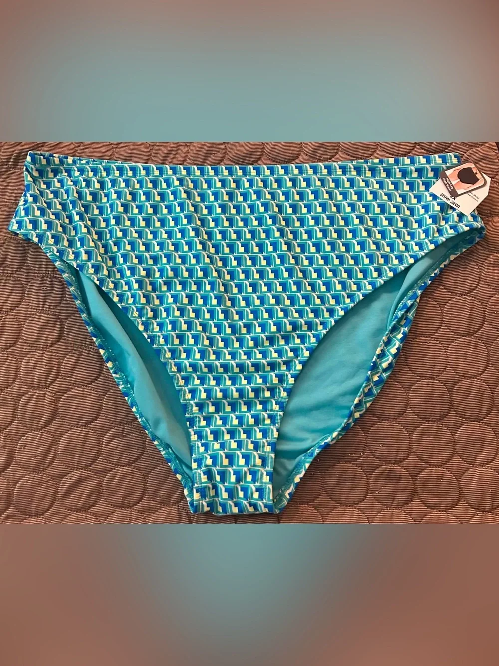 Time and Tru Turquoise and Navy Geometric Bikini Bottoms
